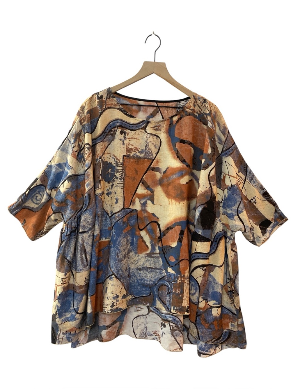 3 Potato Oversized Abstract Top Size L/XL Lagenlook Art to Wear Brown/Blue Artsy
